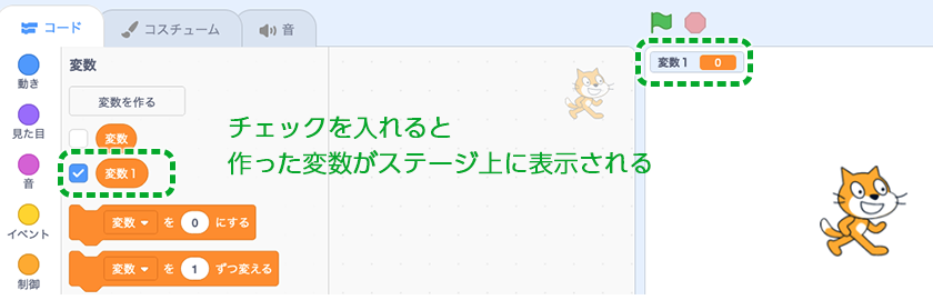 作った変数はブロックパレットに追加され、チェックボックスにチェックを入れるとステージに表示することができるム